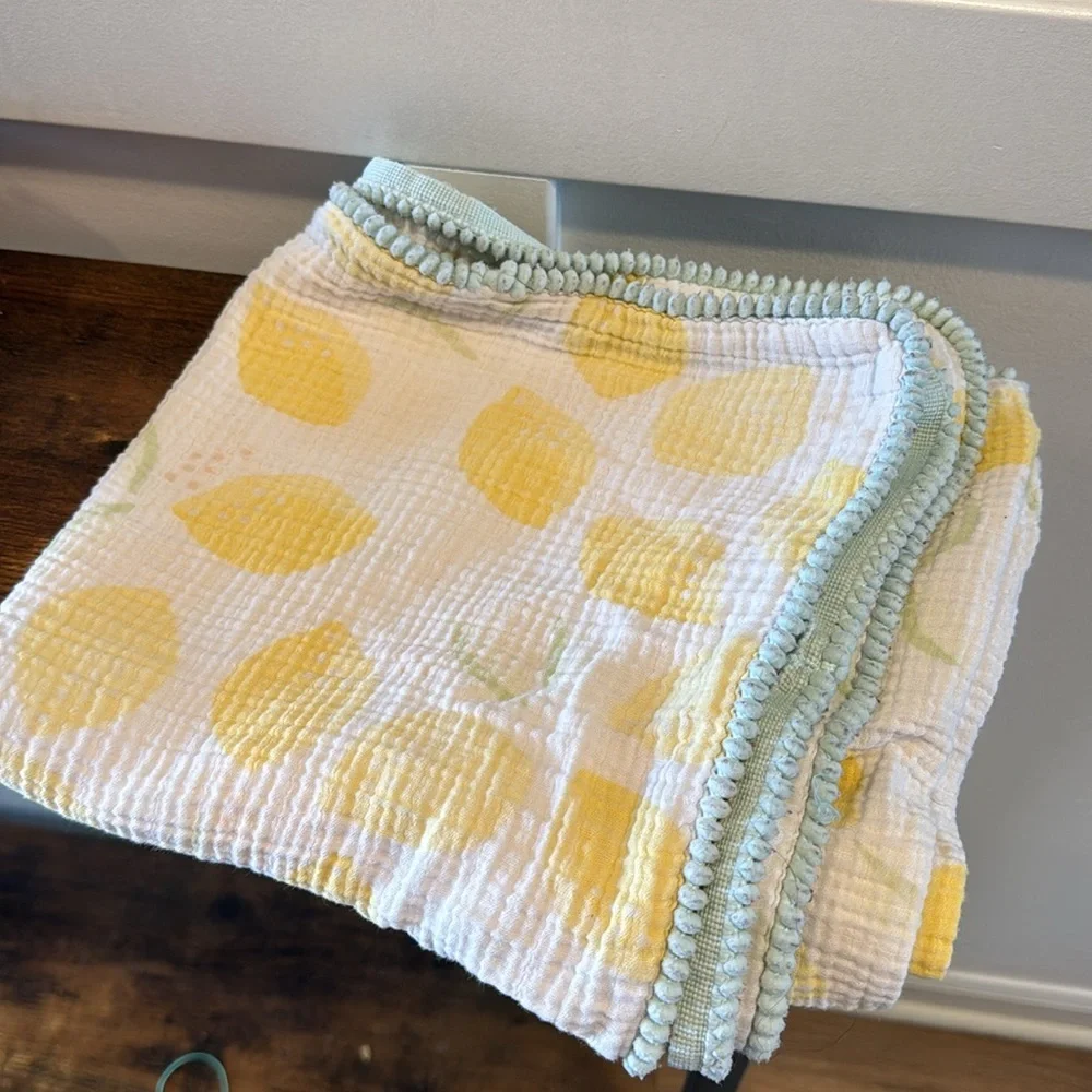 Cloud Island Cotton Swaddling Baby Blanket Lemons Leaves Pom Pom Trim