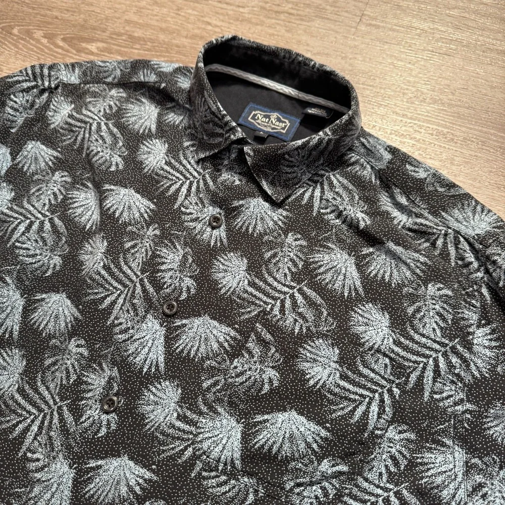 Nat Nast Shirt Mens Large Blue Silk Blend Short Sleeve Hawaiian Button Up Floral