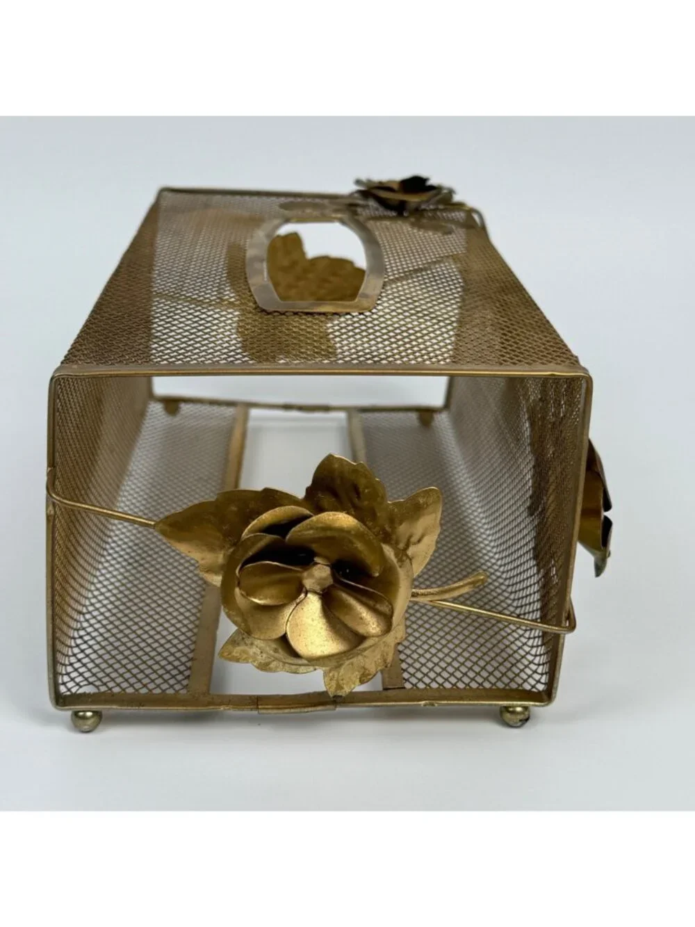 Vintage Hollywood Regency-Style Tissue Box Cover Brass Metal Mesh Floral & Leaf