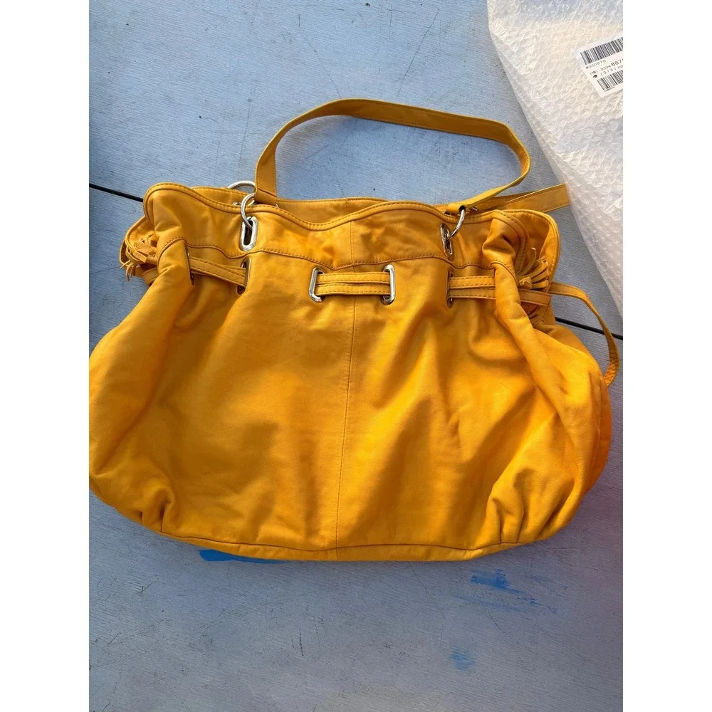 DONALD J PLINER Womens Mustard Yellow Leather Drawstring Hobo Shoulder Bag