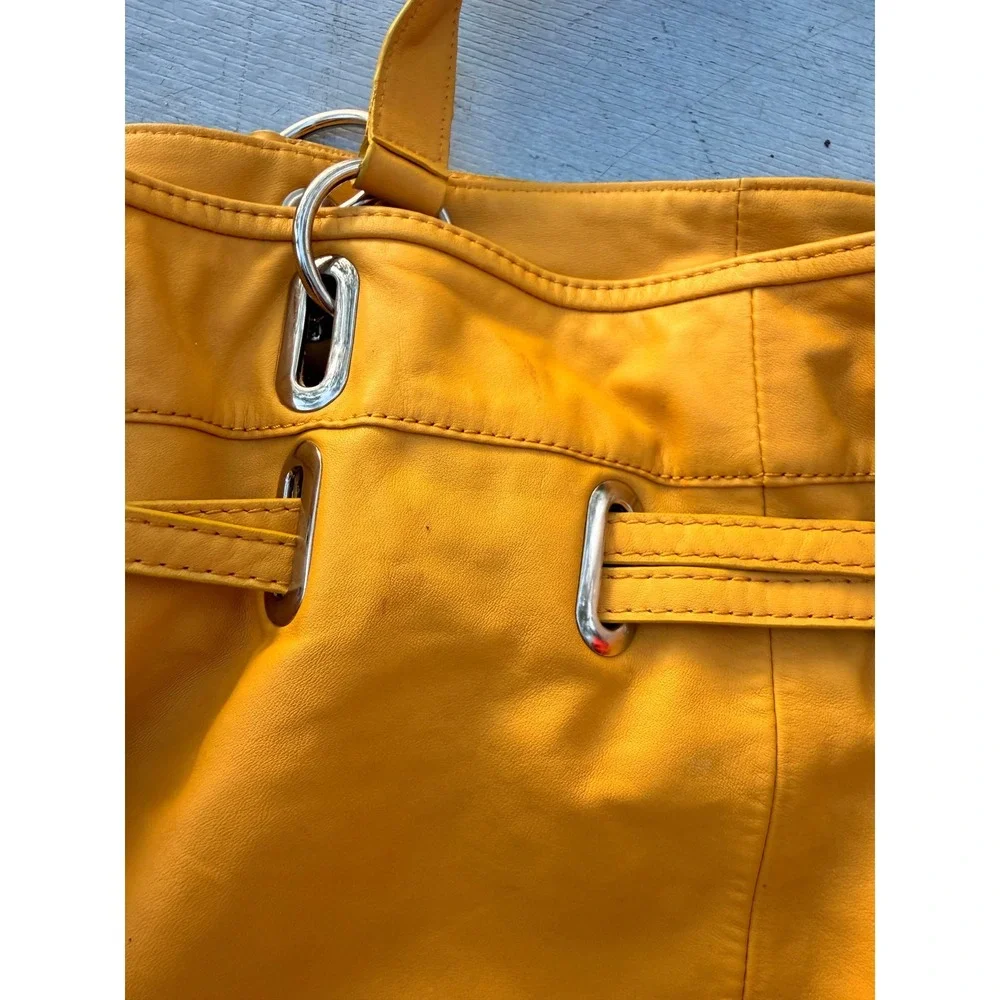 DONALD J PLINER Womens Mustard Yellow Leather Drawstring Hobo Shoulder Bag