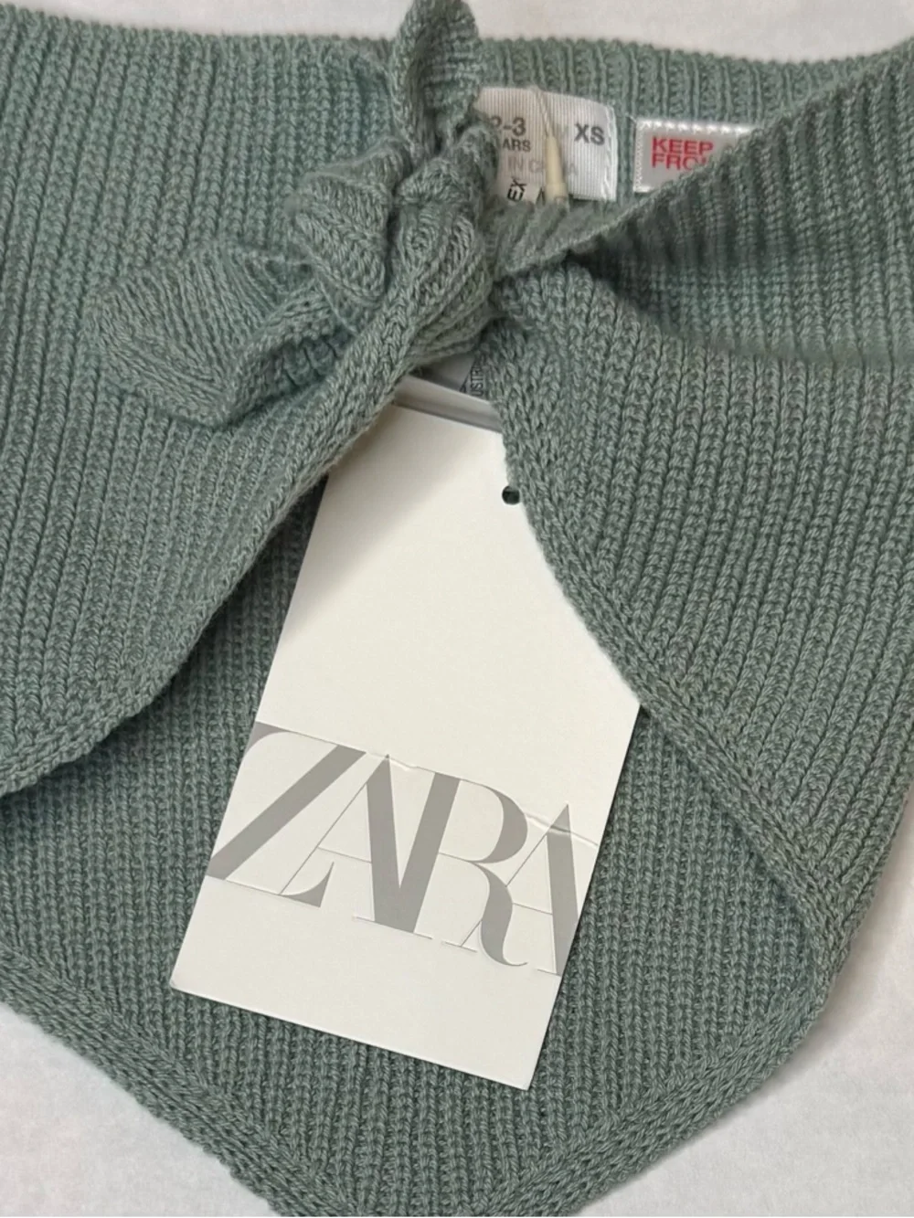 ZARA Knit Tie Neck Scarf Collar Sage Green 2–3 Years XS NWT