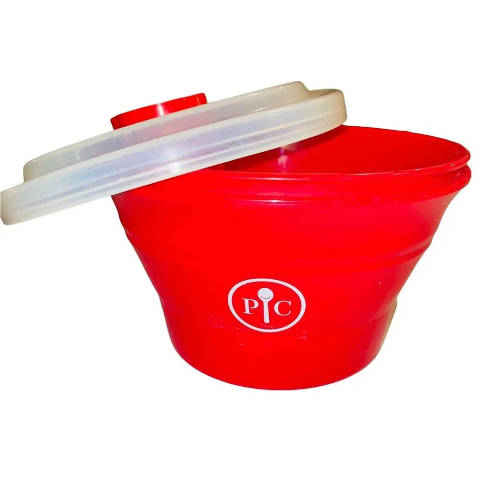 Pampered Chef Microwave Popcorn Maker Bowl Red Silicone Collapsible Lid #1457