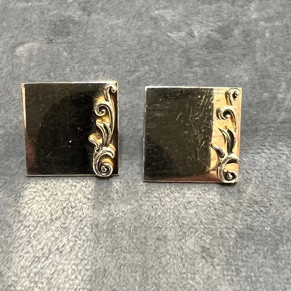 Vintage Swank Gold Tone Square‎ Cufflinks Scroll Design Detail Mid Century