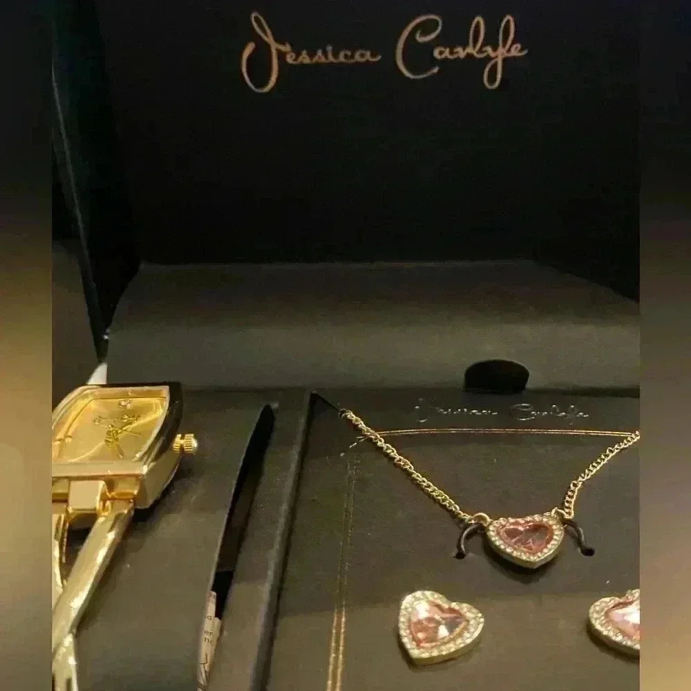 Jessica Carlyle Watch, Necklace And Earring Purple Stone Set NIB