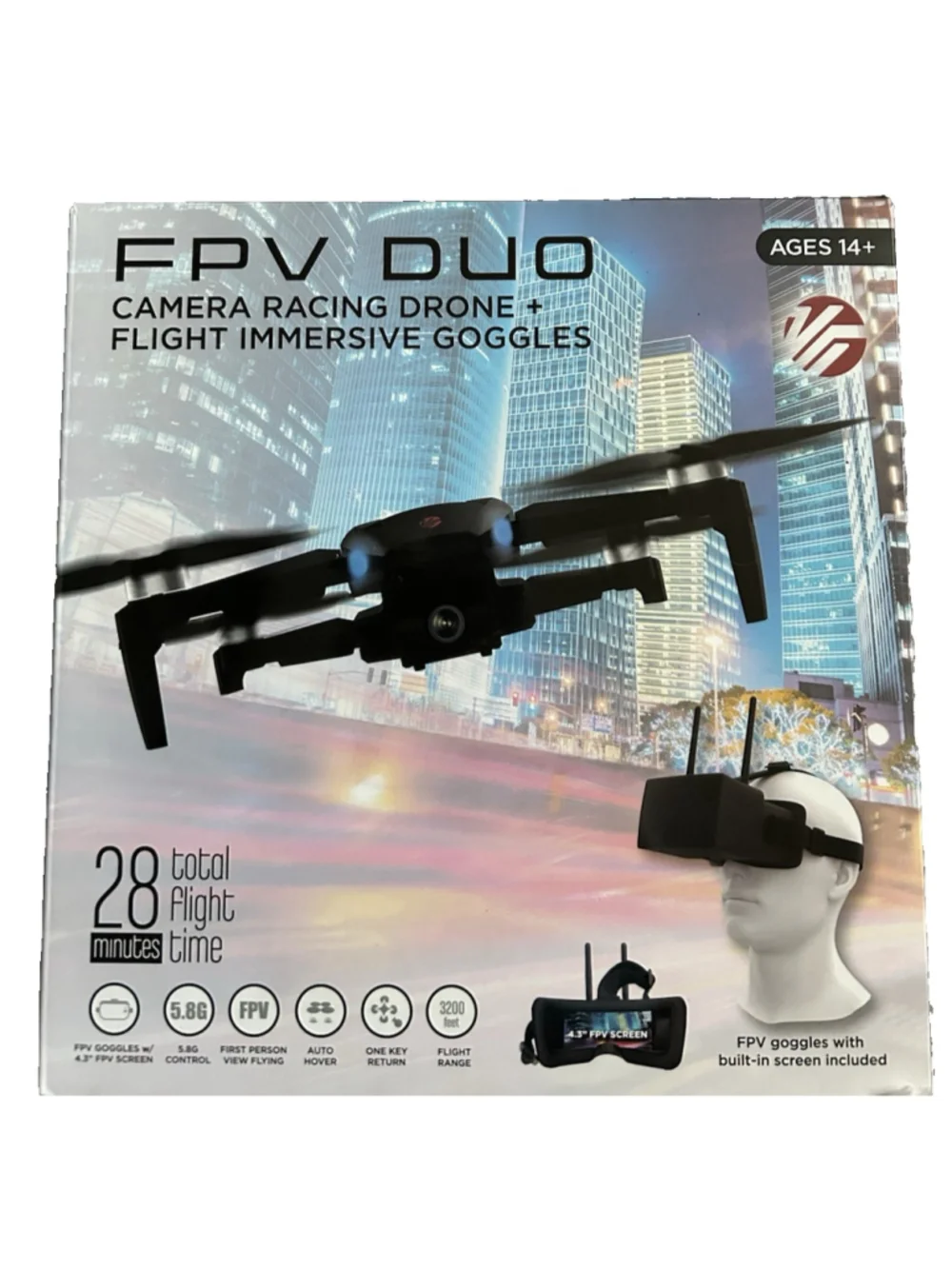 FPV Duo Camera Racing Drone + Flight Immersive Goggles 28 hours of Flight Time