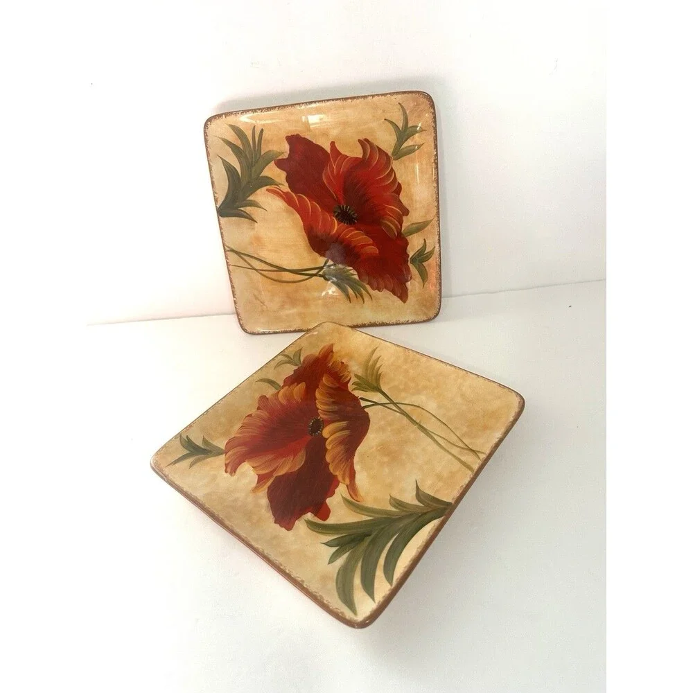 Pier 1 Imports Poppies Plates 8.5 In Hand Painted Earthenware Square Floral Red