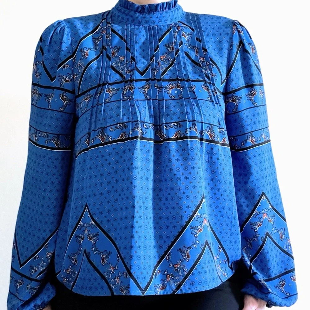 Boho Blue Blouse Balloon Sleeve Ruffle Neck Lightweight S