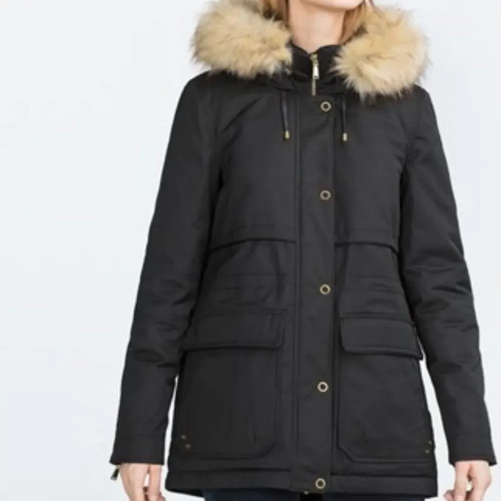 Zara Trafaluc Parka‎ Coat Black Faux Fur Size Small 3427/225/800 Winter