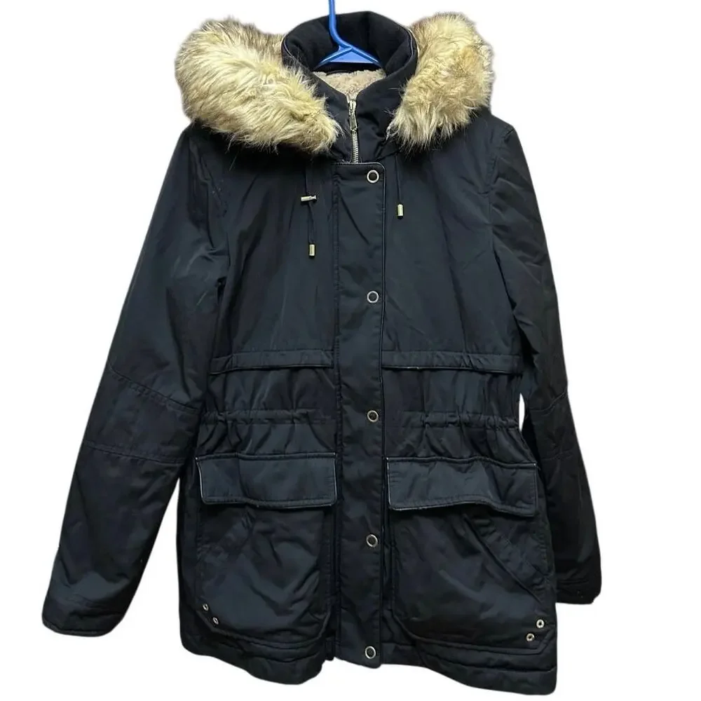 Zara Trafaluc Parka‎ Coat Black Faux Fur Size Small 3427/225/800 Winter
