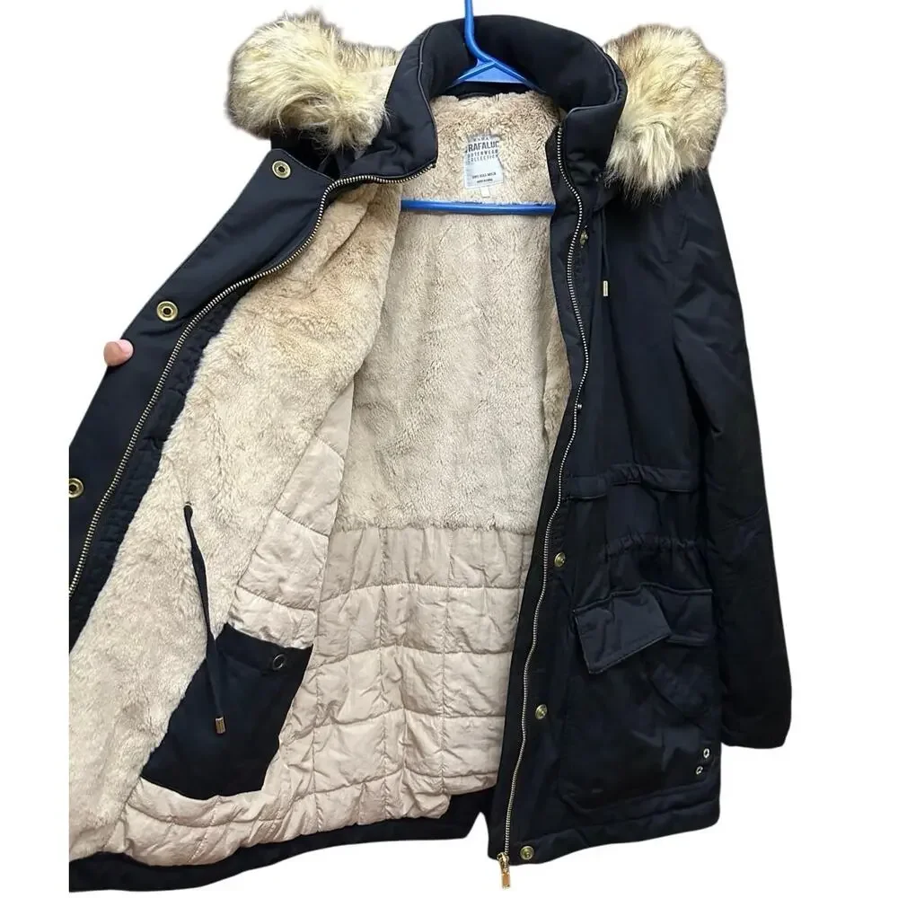 Zara Trafaluc Parka‎ Coat Black Faux Fur Size Small 3427/225/800 Winter