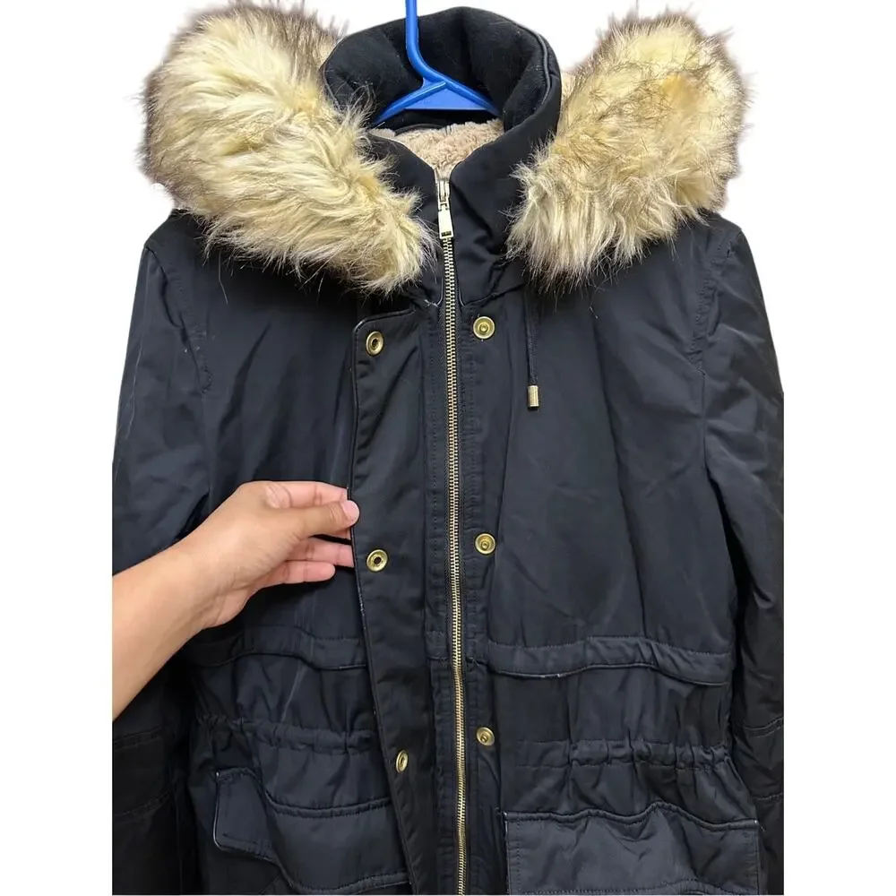 Zara Trafaluc Parka‎ Coat Black Faux Fur Size Small 3427/225/800 Winter