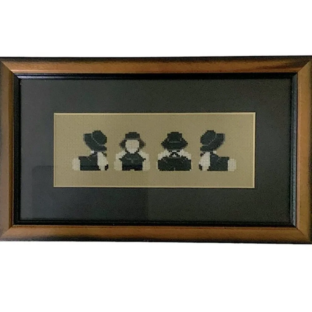 Amish Wall Decor Vintage Needlepoint Traditional Dressed Farmhouse Black White