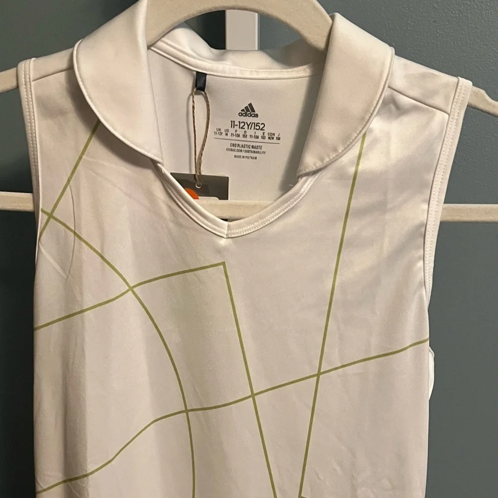 Adidas White Tank Polo Shirt with Subtle Green Lines NWT Medium 11-12