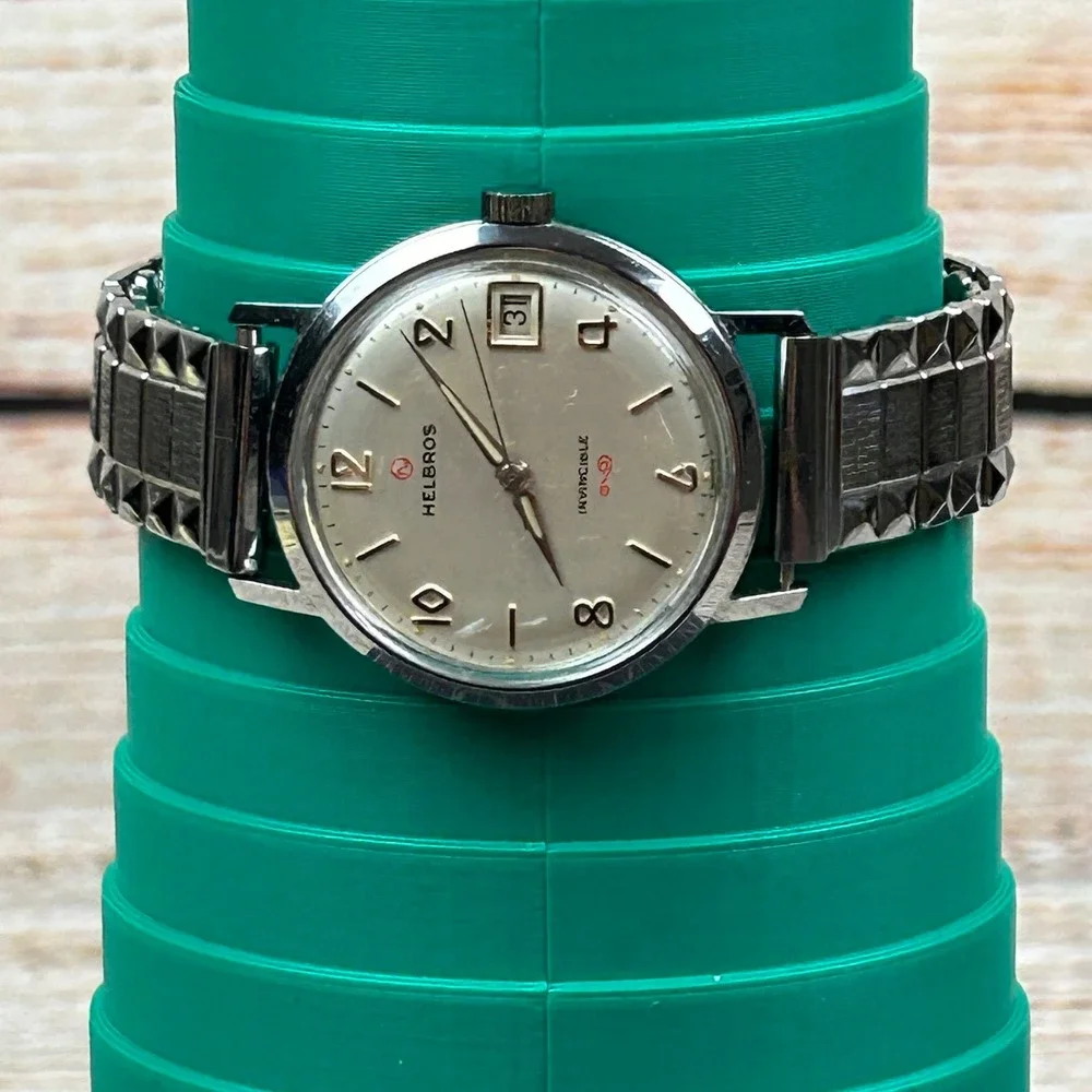 Vintage Helbros Invincible Watch Silver‎ Tone Date Manual Wind Swiss Made 34mm