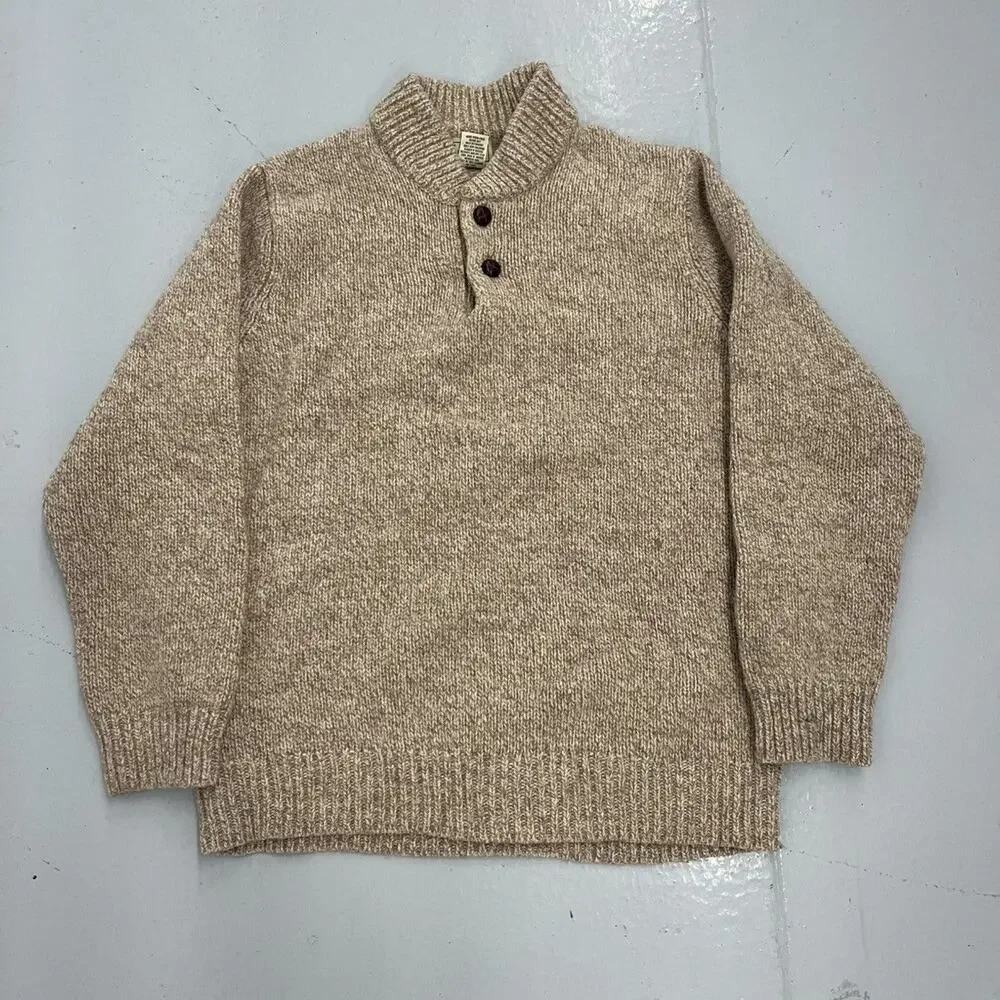 Vintage Y2k LL Bean Beige Wool Henley Sweater