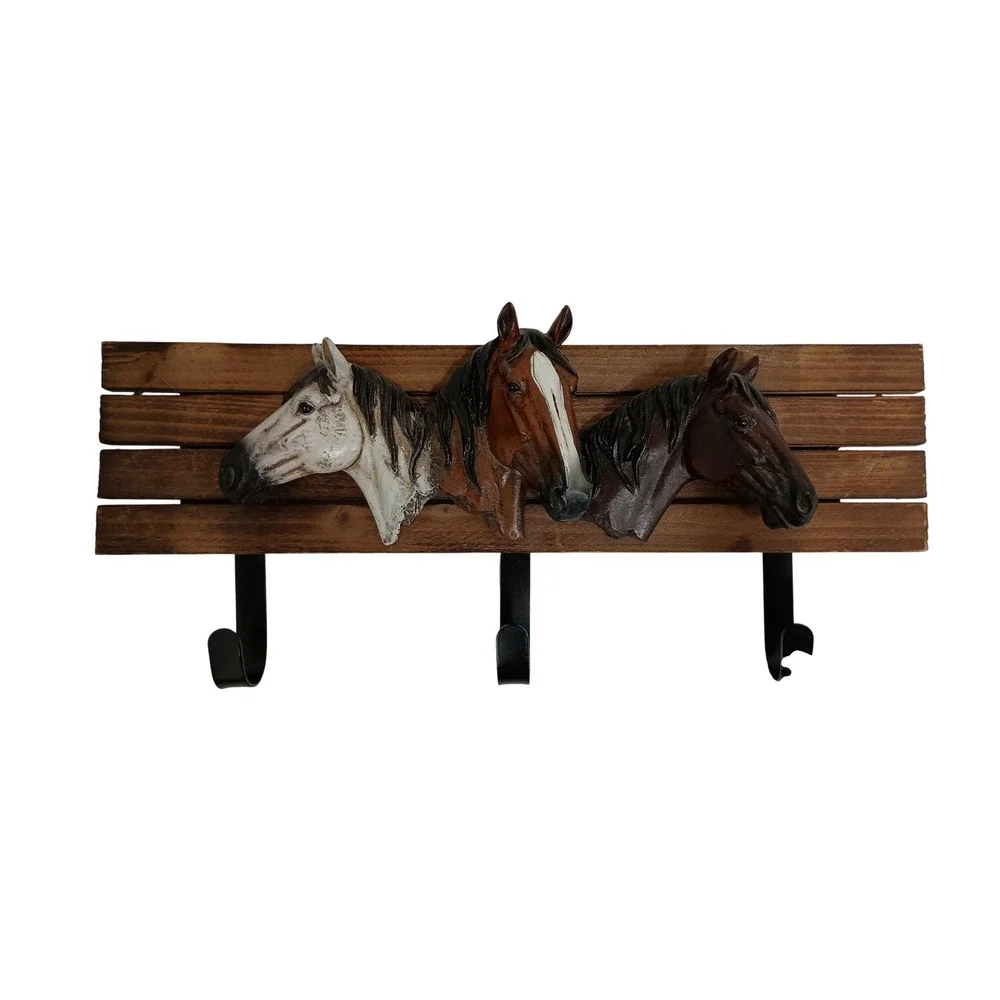 VTG Horse Head Wood Wall Hanging Rack 3 Hook Brown Western Cowboy Hat Coat Rack