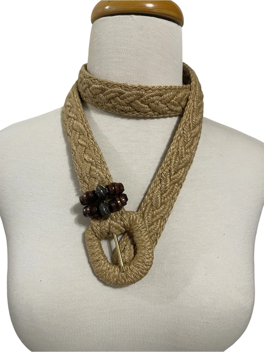 Braided Natural-Tone Woven Rope Belt with Wooden Bead Accents