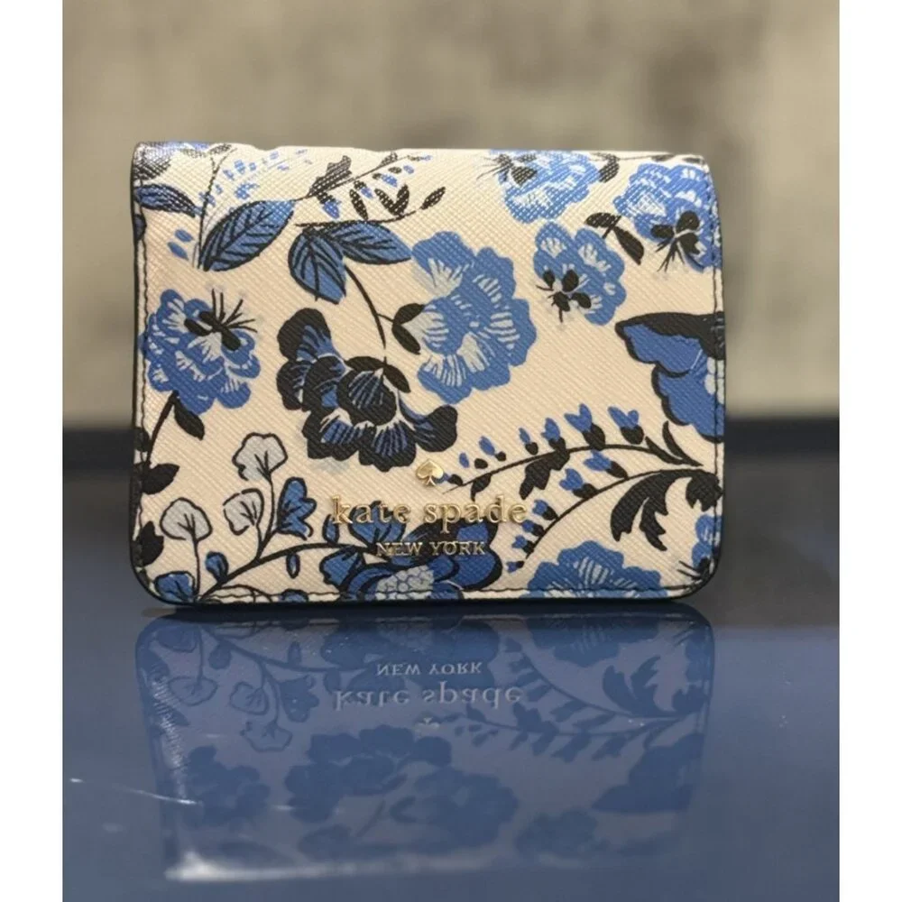 Kate Spade Madison Vase Floral Printed Med Blue White Leather  Wallet