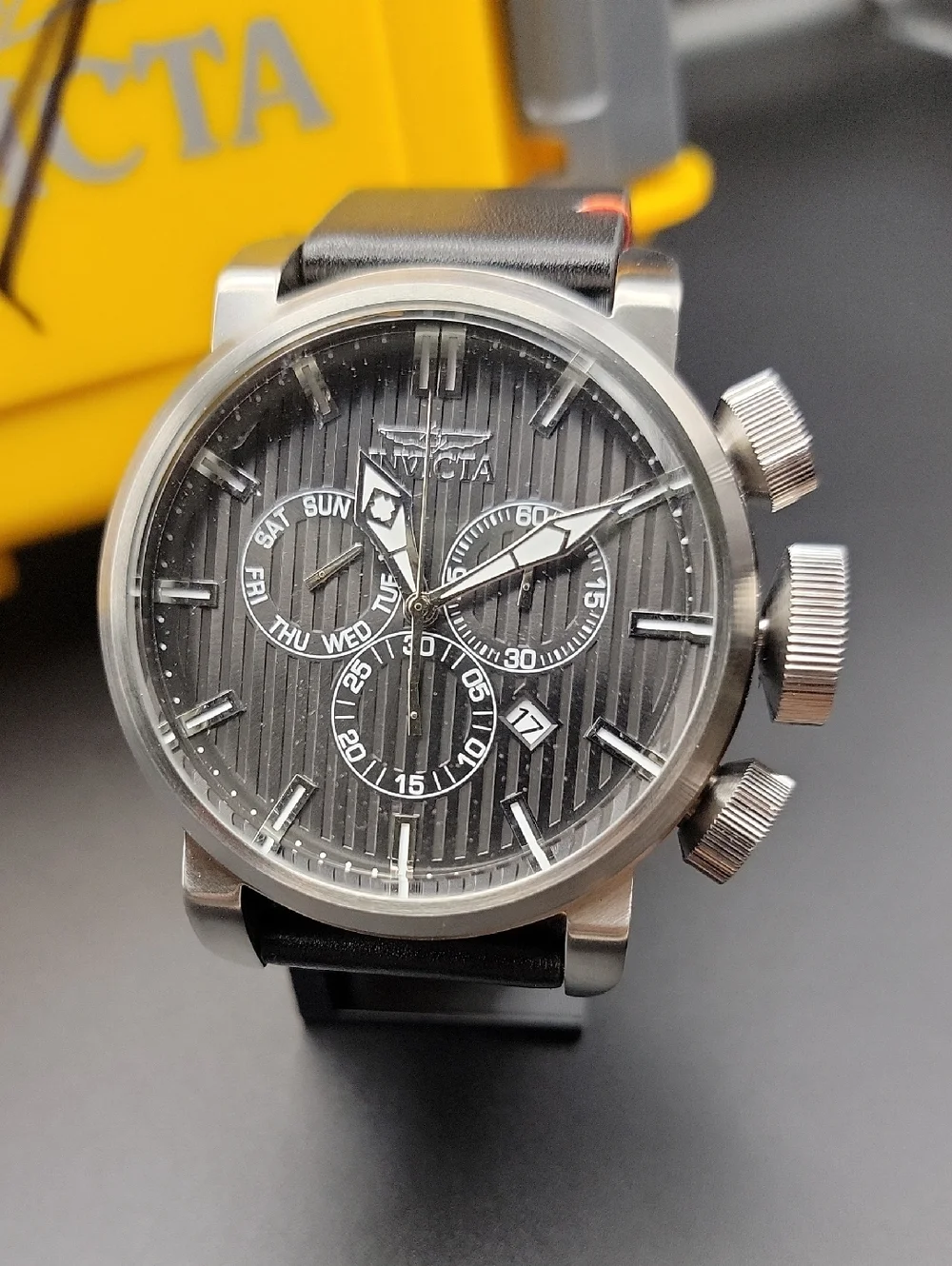 53mm Invicta CEO Mens Aviator Black Brushed Stainless Chronograph Watch Signed