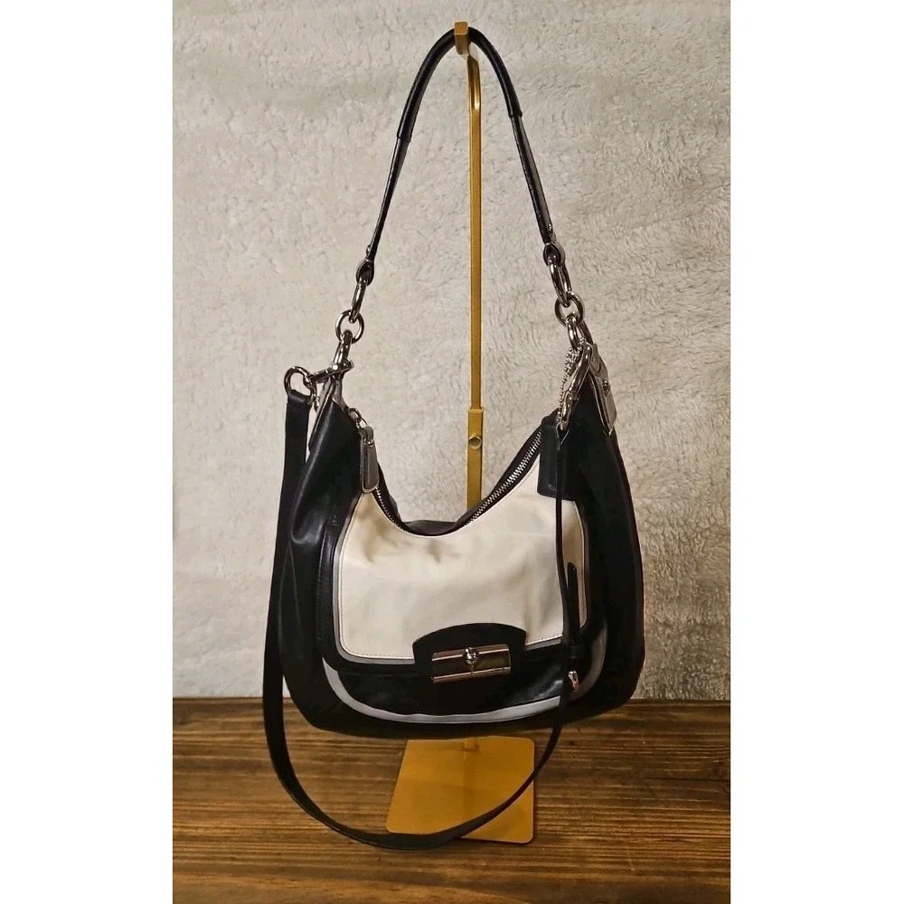 Coach Kristin Spectator Leather Hobo 2 Way Bag Convertible‎ Monochrome Pt02