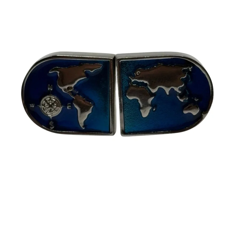World Map Cufflinks Blue Enamel Silver Tone Bullet Back‎ Globe Navigation Travel