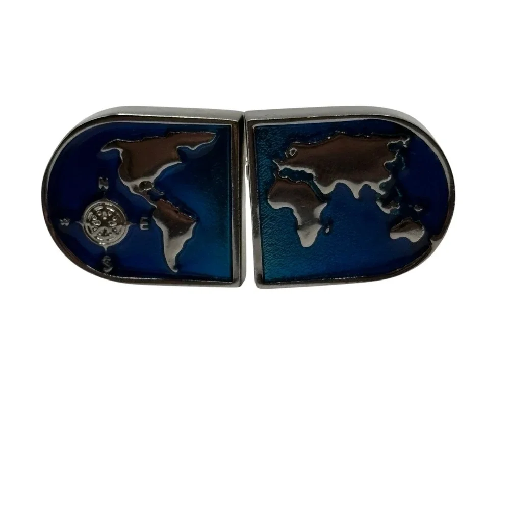 World Map Cufflinks Blue Enamel Silver Tone Bullet Back‎ Globe Navigation Travel
