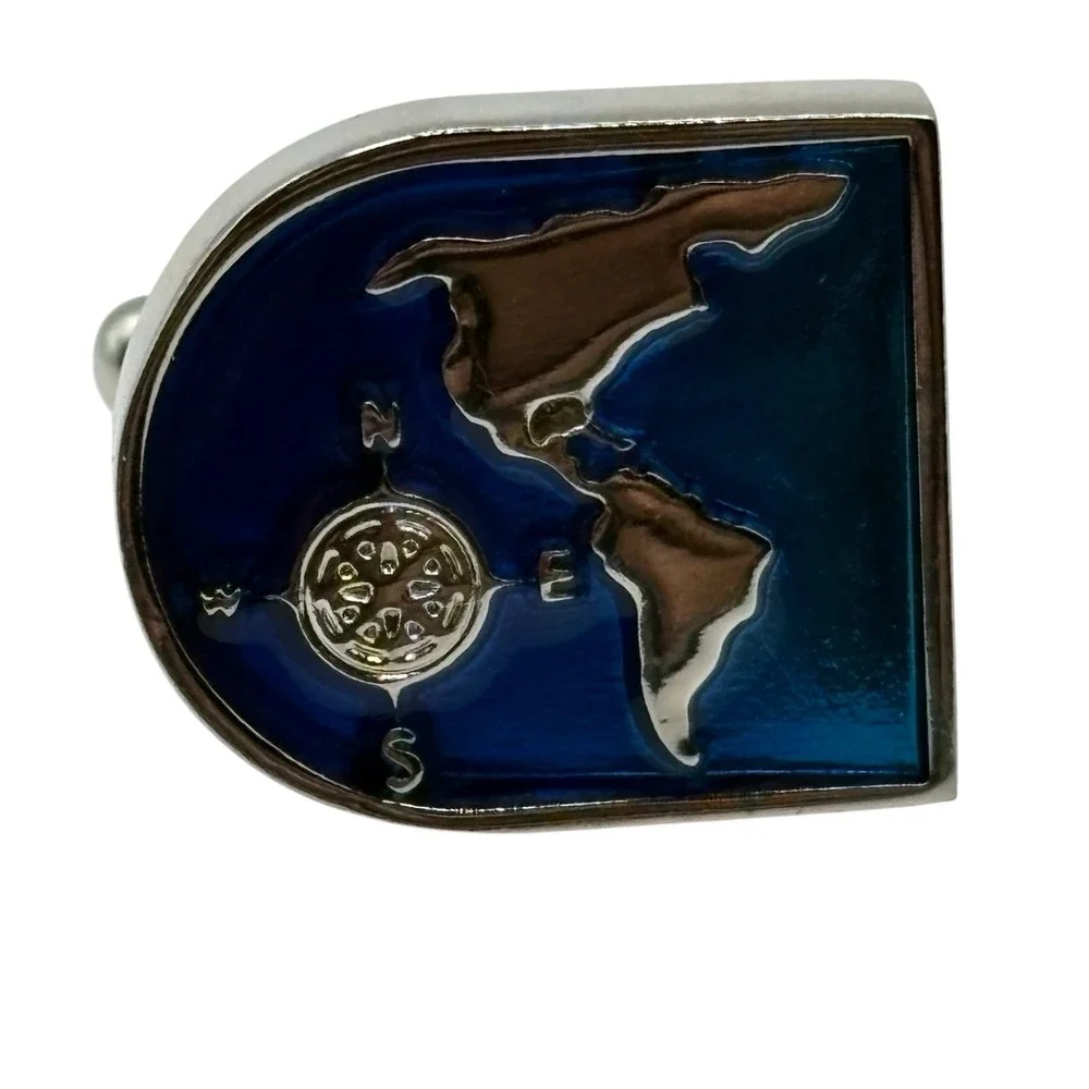 World Map Cufflinks Blue Enamel Silver Tone Bullet Back‎ Globe Navigation Travel