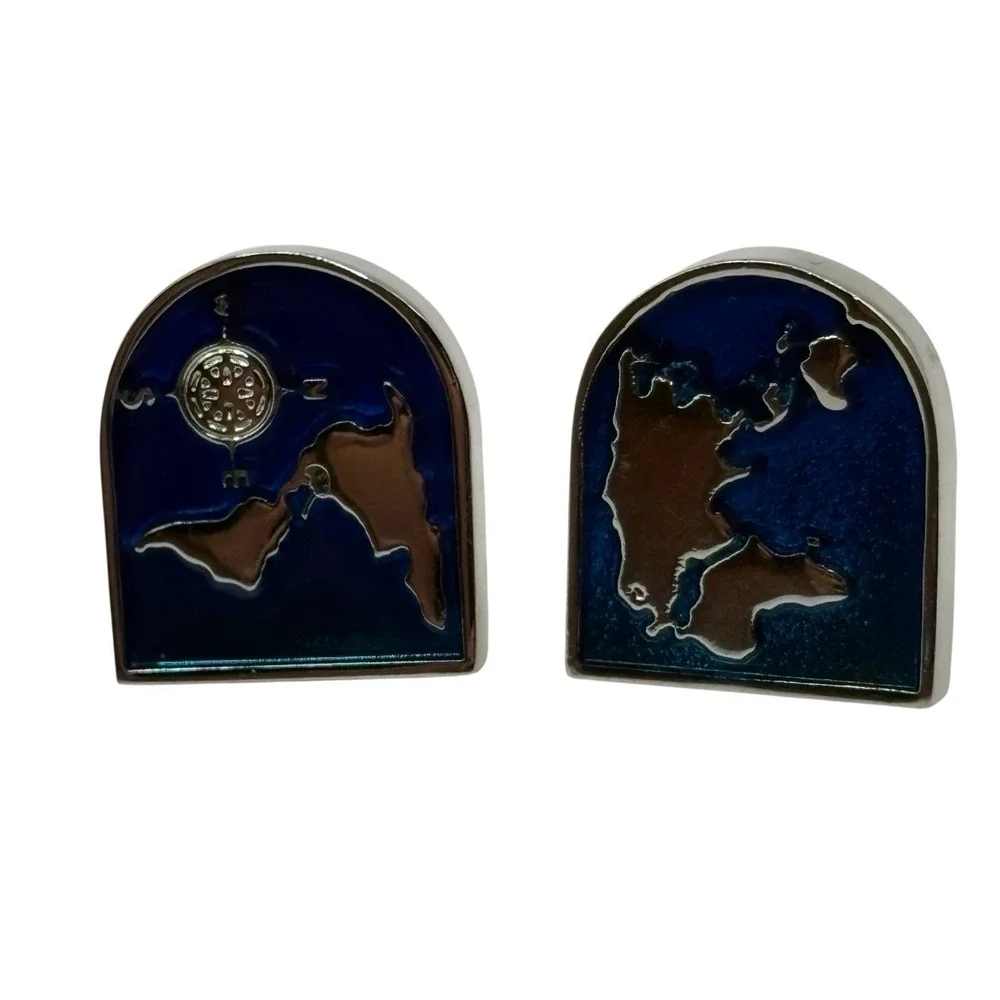 World Map Cufflinks Blue Enamel Silver Tone Bullet Back‎ Globe Navigation Travel