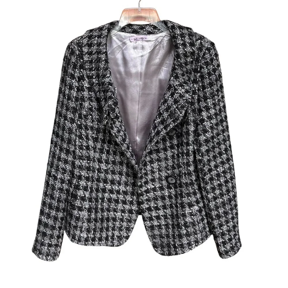 Black &‎ White Houndstooth Tweed Wool Blend Asymmetric Jacket Womens Size M