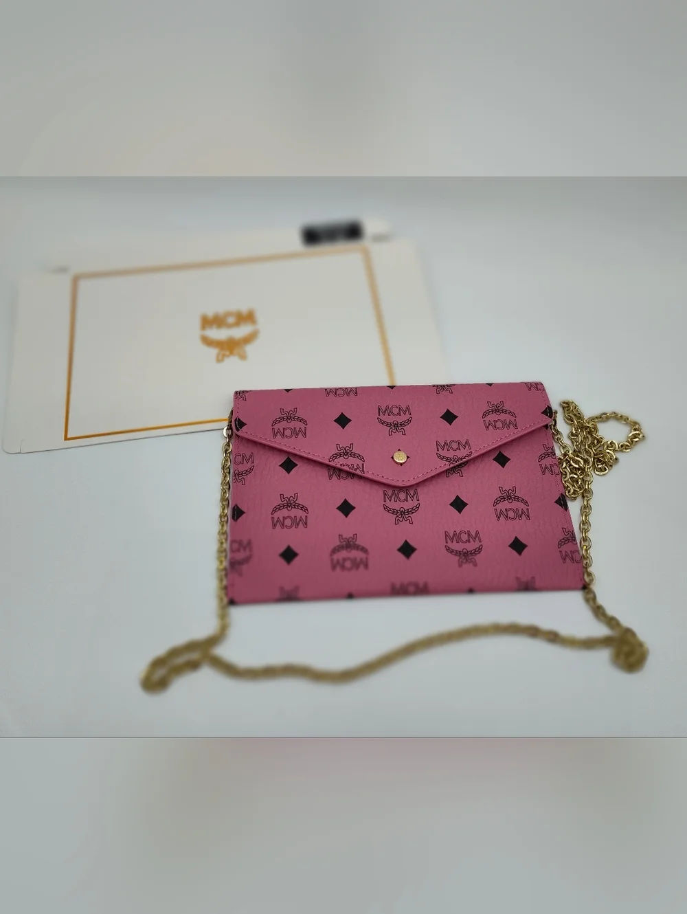 MCM Pink Visetos Envelope Chain Wallet Crossbody Clutch Beauté NIP With Insert