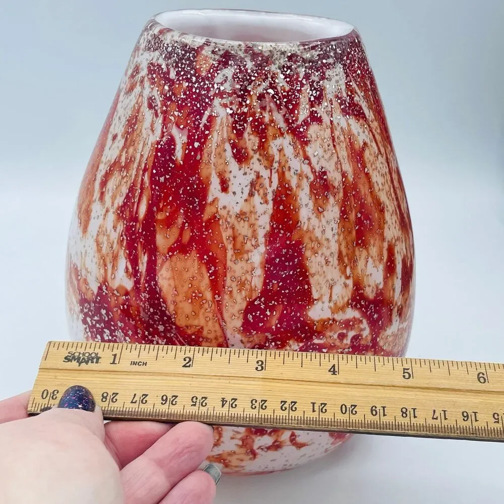 Vintage Red White Silver Specked Zorza Handmade Polish Art Glass Decorative Vase
