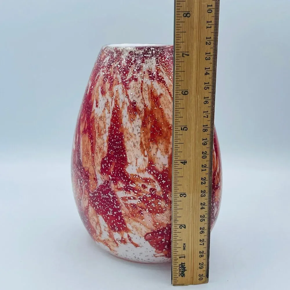 Vintage Red White Silver Specked Zorza Handmade Polish Art Glass Decorative Vase