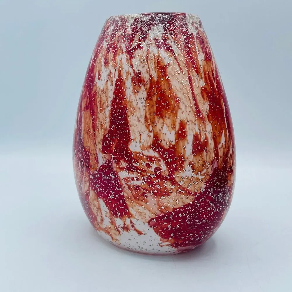 Vintage Red White Silver Specked Zorza Handmade Polish Art Glass Decorative Vase