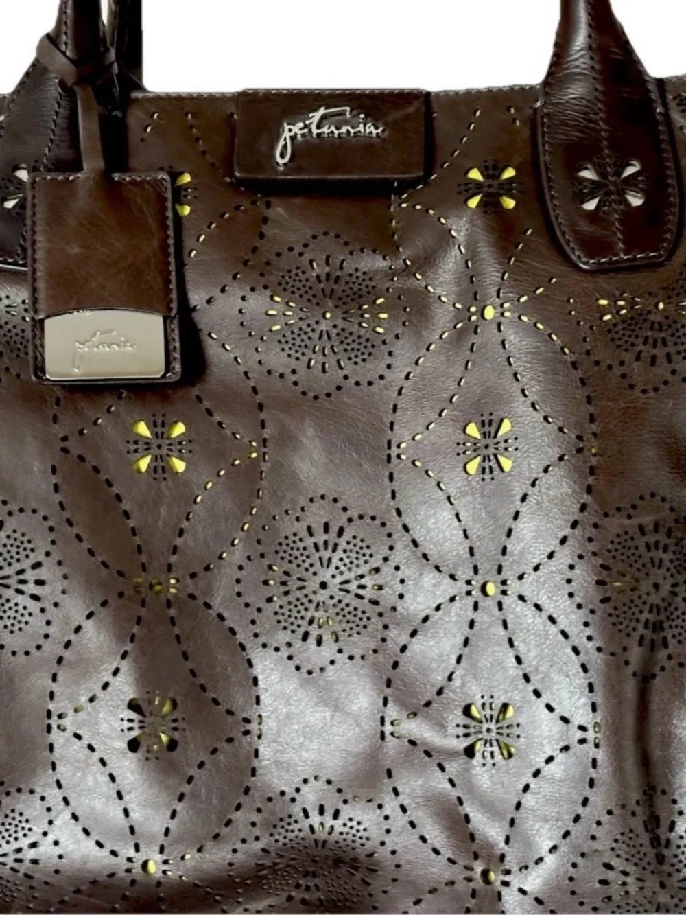 Petunia Pickle Bottom Brown Pierced Leather Floral Lime Lining Diaper Bag Tote