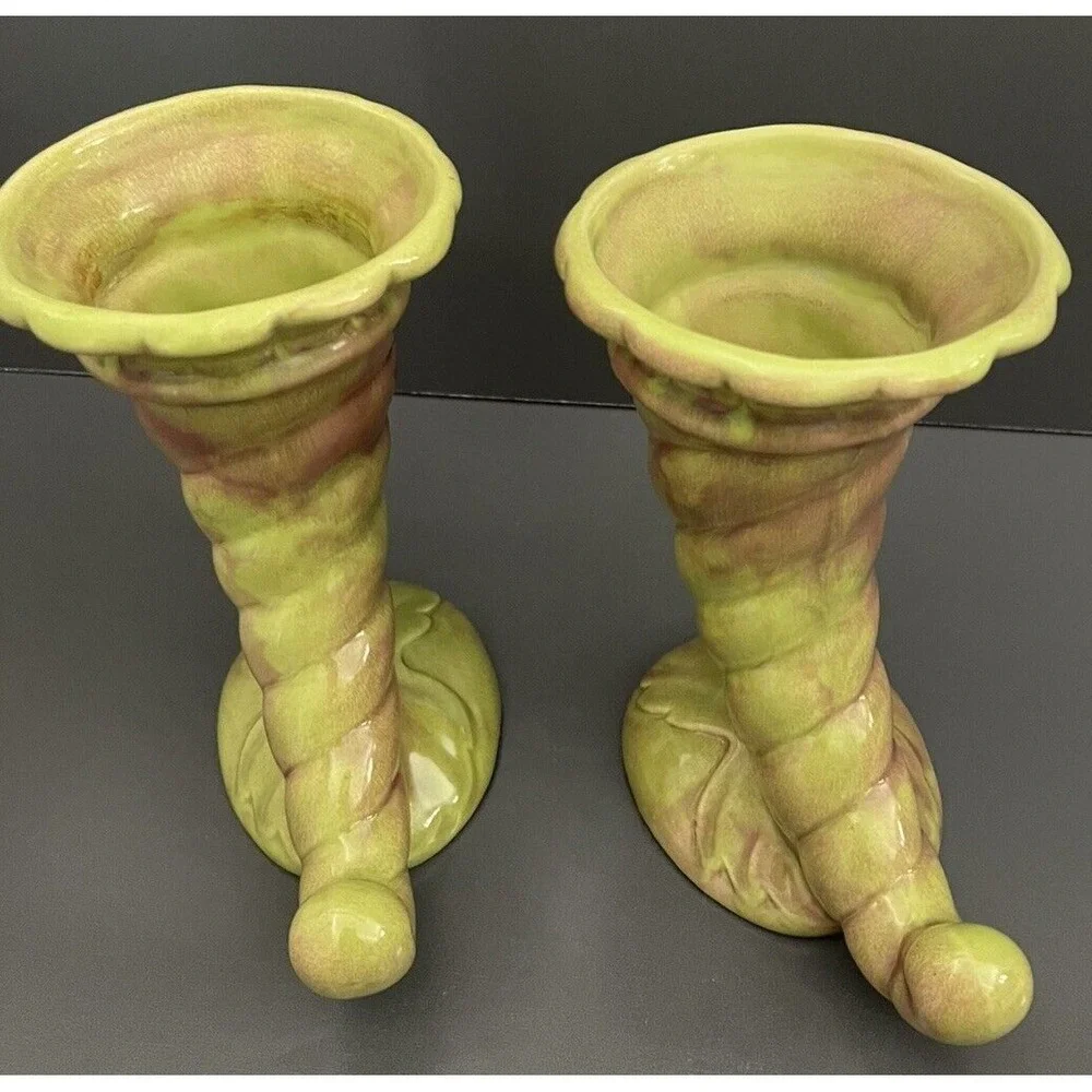 2 Vases West Coast Pottery California 210 Cornucopia Horn Vase Art Deco Vintage