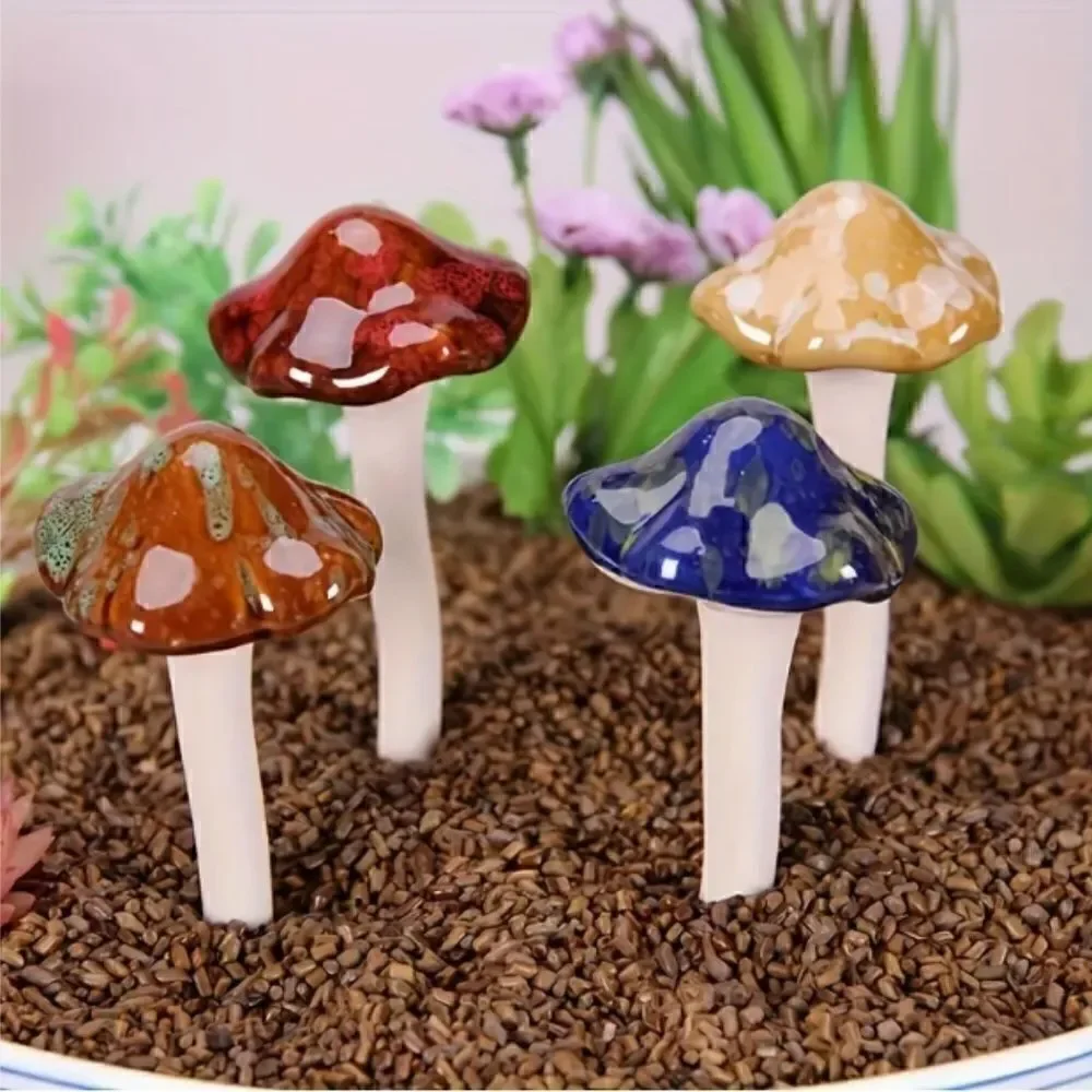 Ceramic Mushrooms Garden Stakes Set of 4 Miniature Figurines Fairy Garden