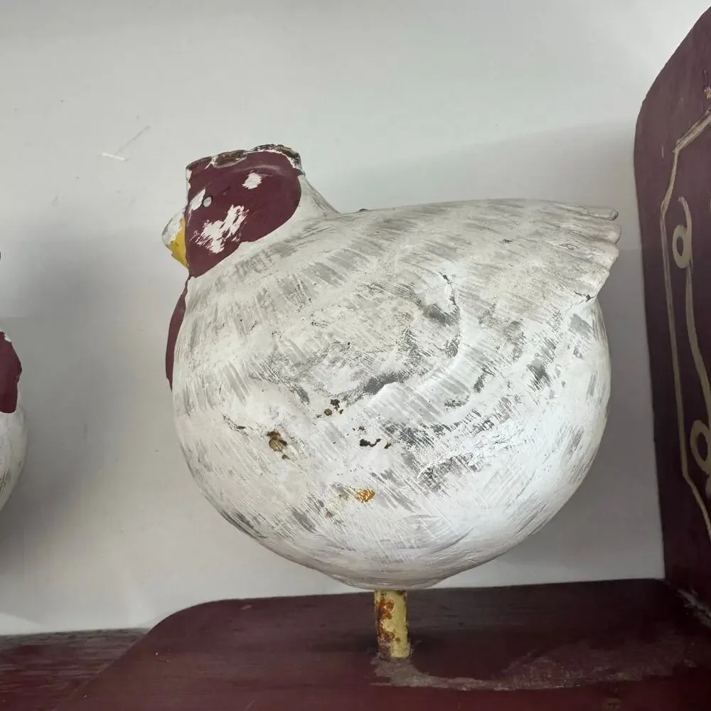Chicken Bookends, Hand Carved Painted Wood - Bead and Tail