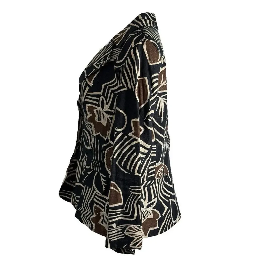 Bianca Linen Blazer Jacket 100% Linen Size 12 Black Brown Geo Artsy Cottagecore