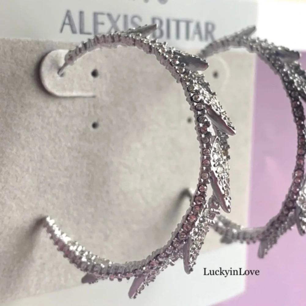 ALEXIS BITTAR • Edgy Crystal Encrusted Spiked Lattice Silver Hoop Earrings