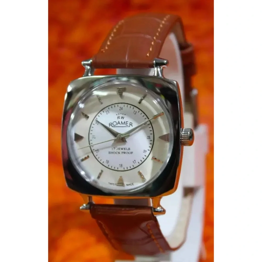 Vintage 1977 Roamer Manual Mens Silver Watch W/Leather Strap & White accents
