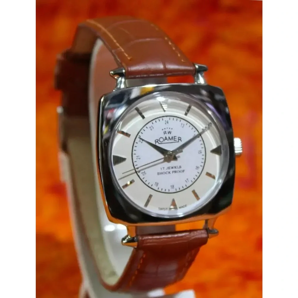 Vintage 1977 Roamer Manual Mens Silver Watch W/Leather Strap & White accents