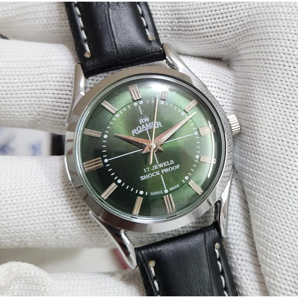 Vintage 1975 Roamer Manual Mens Silver Watch W/Leather Strap & Green accents