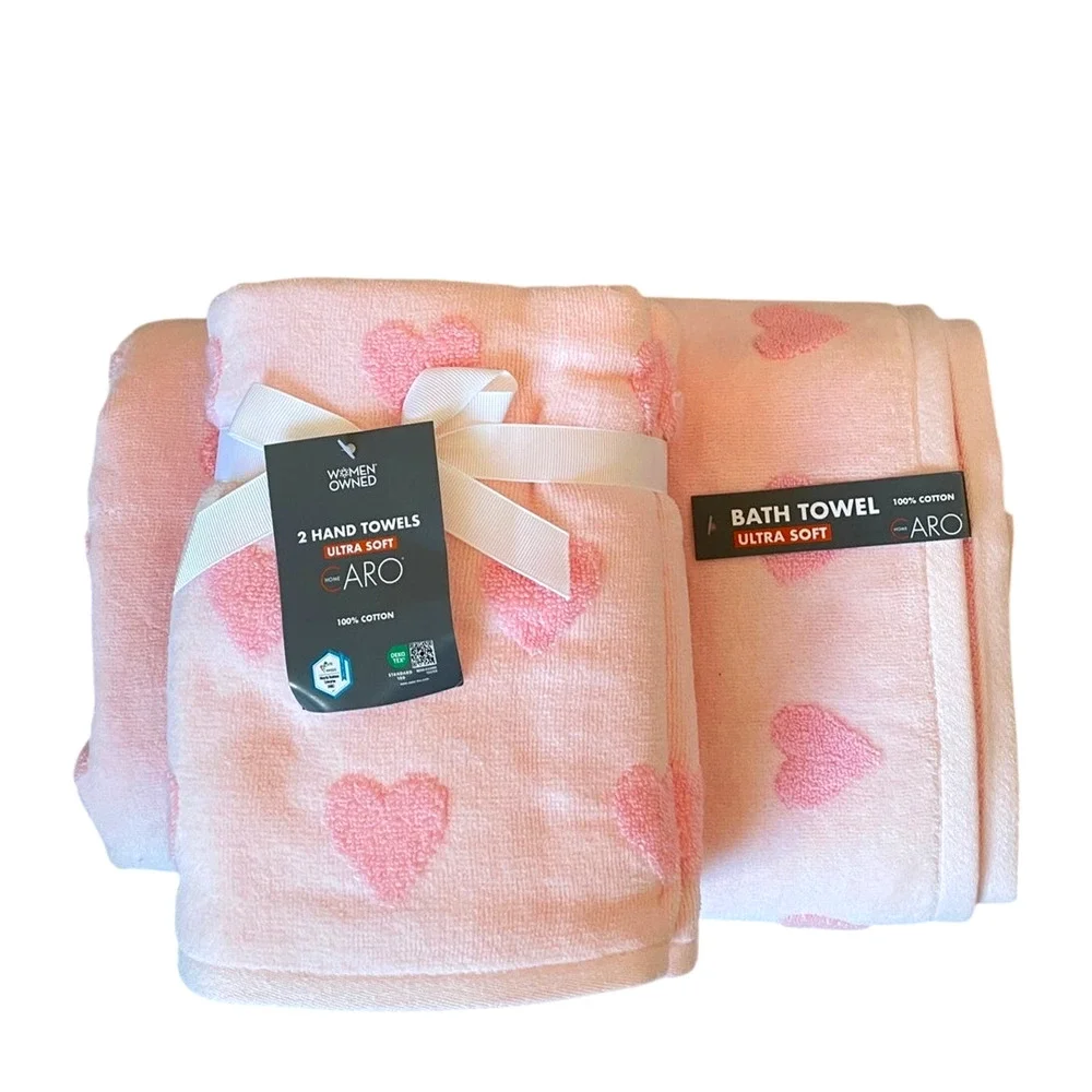 4pc Caro Home PINK HEART Cotton 2 Bath 2 Hand Towel Set Valentine's Day NEW