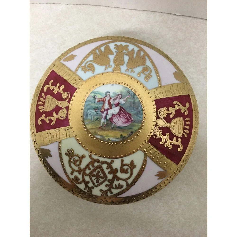 Vintage Fine Porcelain Gold Multi Color Victorian Couple Round Trinket Box 4.5