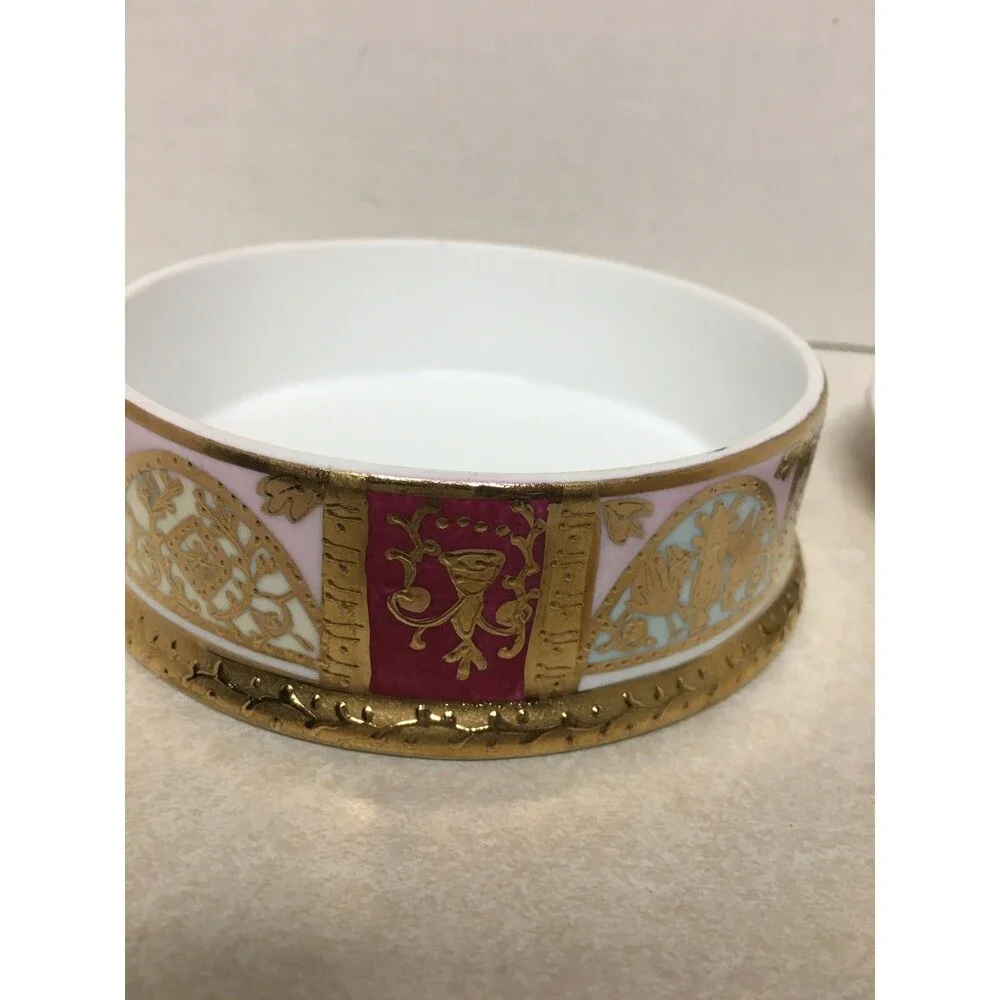 Vintage Fine Porcelain Gold Multi Color Victorian Couple Round Trinket Box 4.5