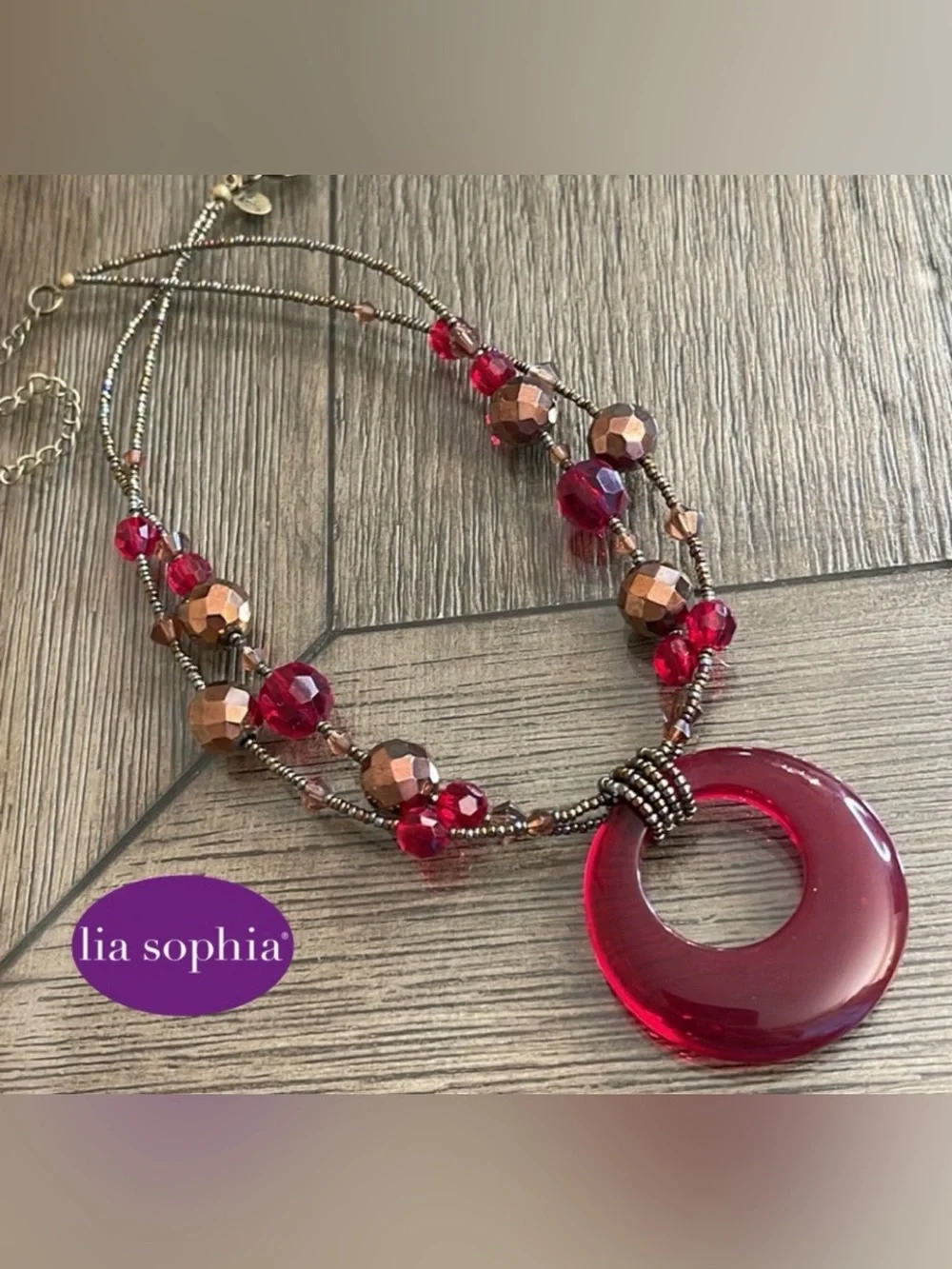 Lia Sophia Cinnabar 🌺 Red Pendant Multi Strand Beaded Statement Necklace