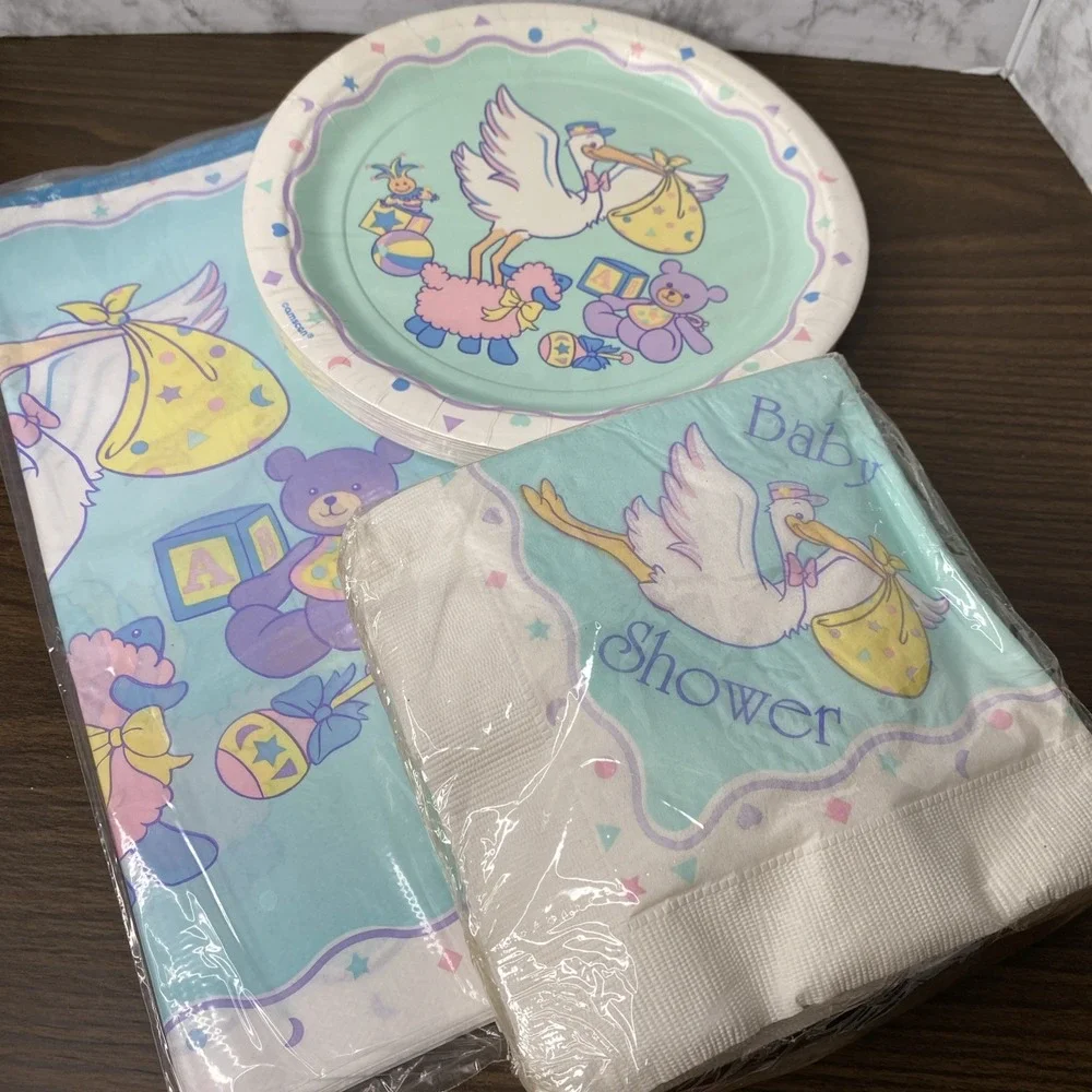VTG 80/90s NIP AMSCAN Baby Shower Lot Plates, napkins, Tablecover Pastel Stork