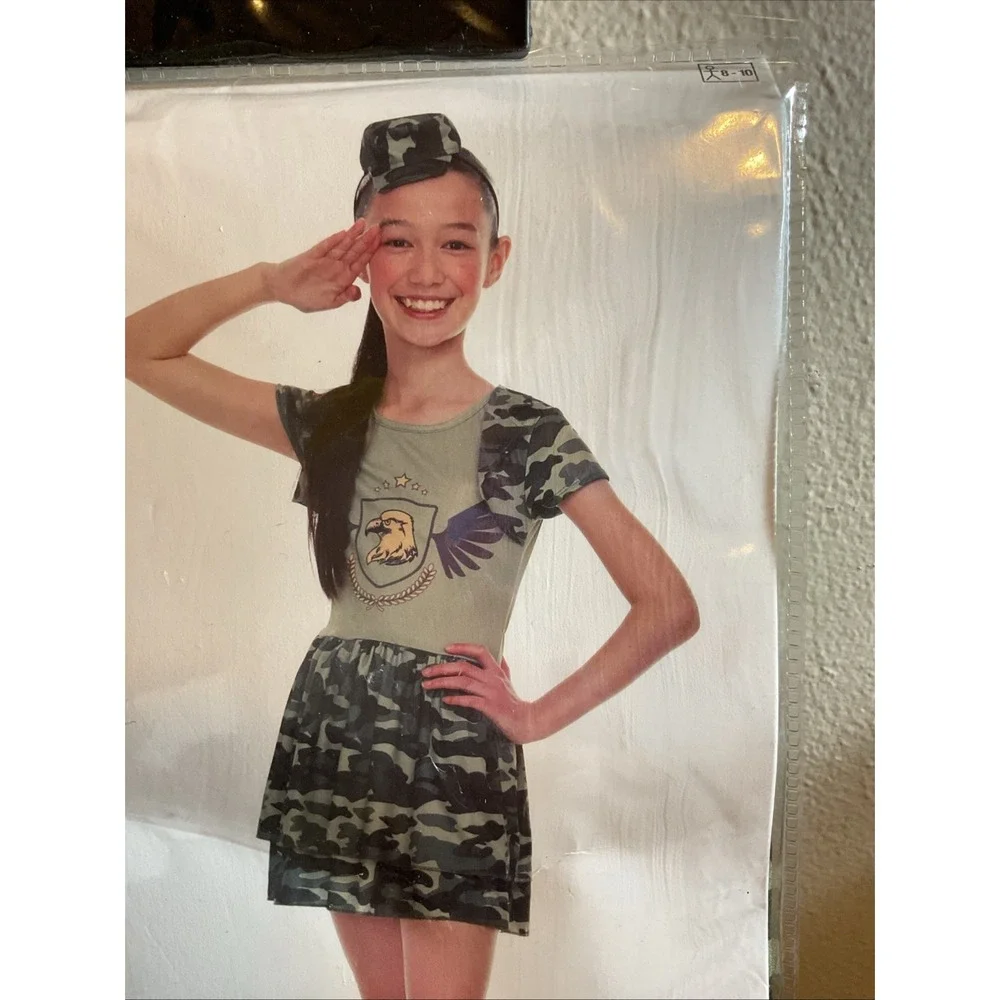 New Girls Camo Army Cadet Camouflage Halloween Costume Hat &‎ Dress Large 8-10