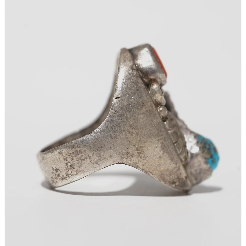 Old Pawn‎ Navajo Native American Indian Sterling Silver Coral Turqiouse Ring